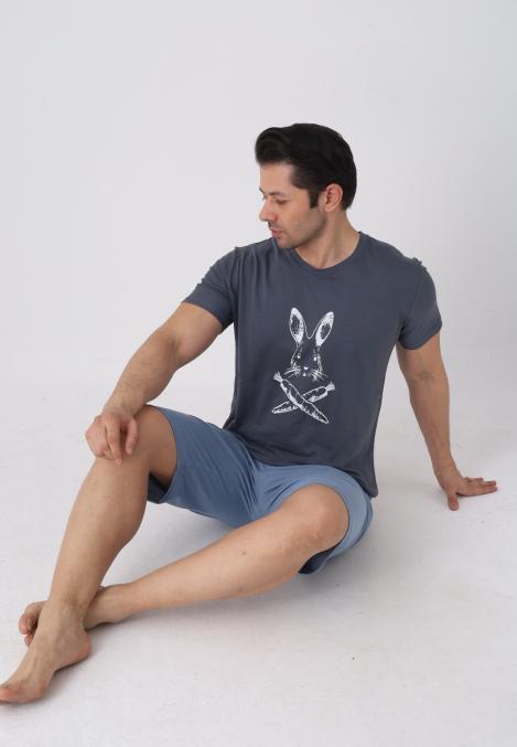 Pijama barbat cu maneca scurta si pantaloni 3/4, culoare gri inchis, Engros